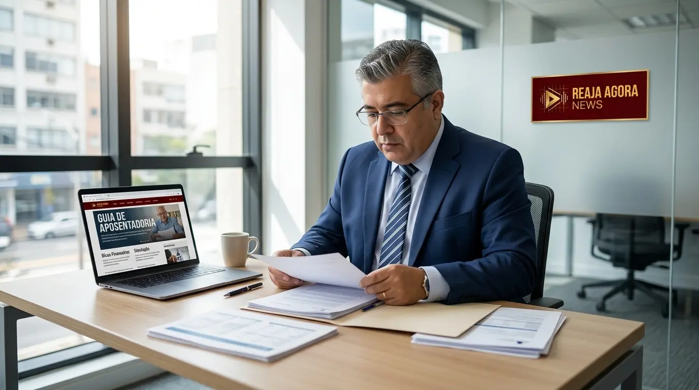 Pessoas analisando documentos sobre Previdência e regras de aposentadoria do INSS